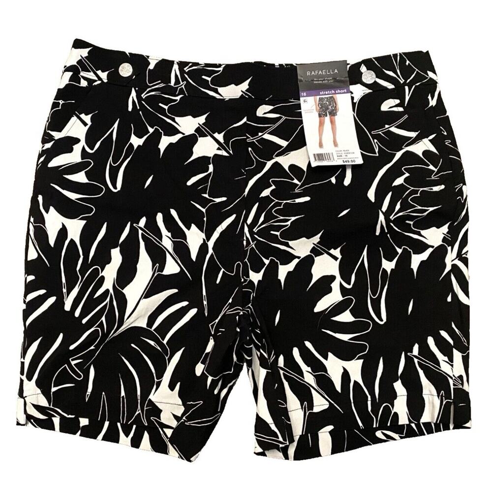 NWT RAFAELLA Women's Size 16 Tropical Stretch Pull on Shorts Black White Pockets
